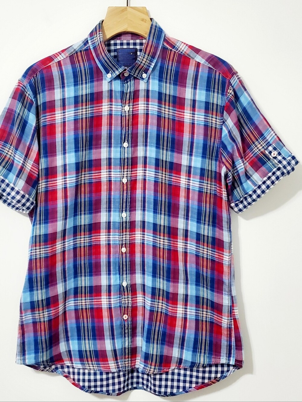 McNeal Panamerican Heroes Plaid Short Sleeve Button Down Shirt Large